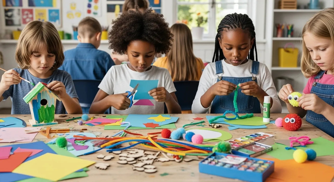 Diverse group of children doing hands-on art projects smiling