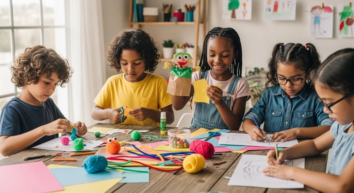 Kids collaborating on colorful crafts in homeschool enrichment setting