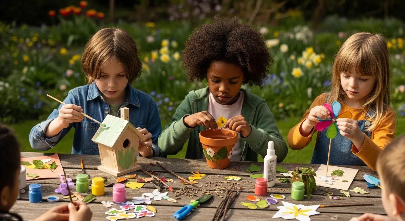 Children painting and crafting garden projects outdoors joyfully