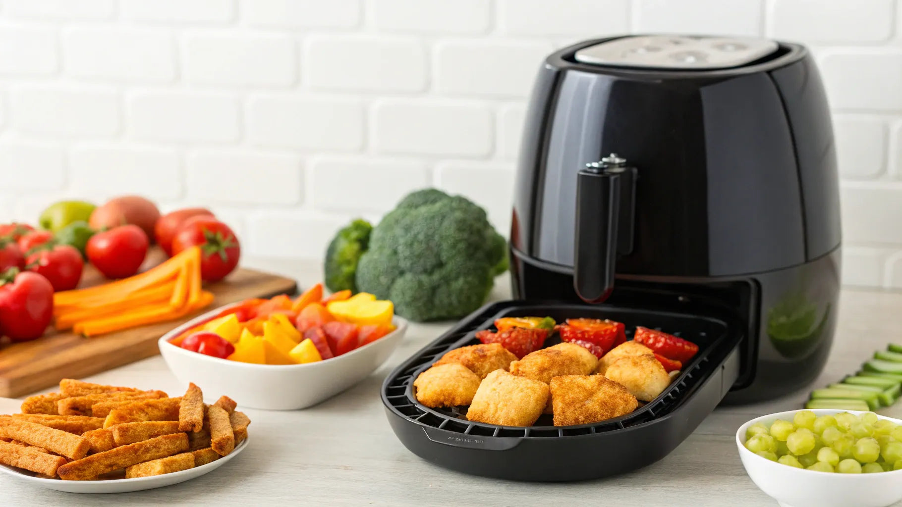 Happy kids enjoying assortment of air fryer foods