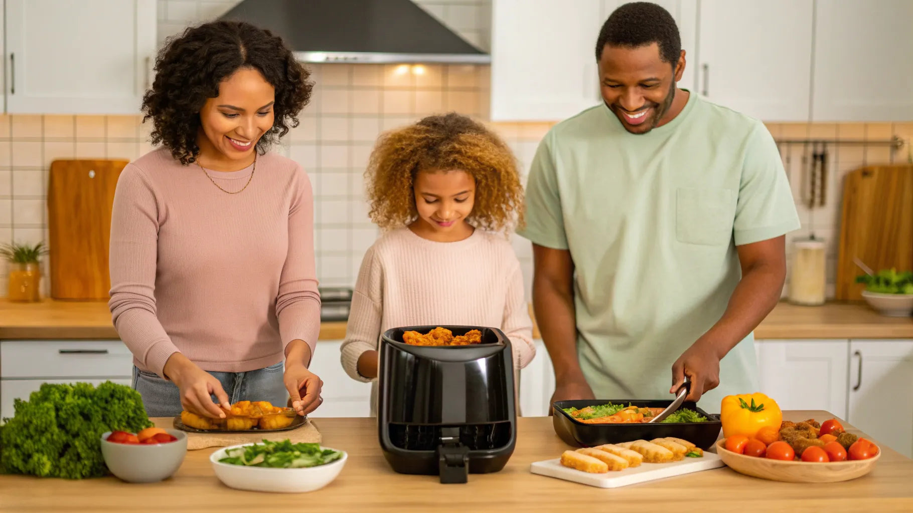 Happy family enjoying easy air fryer recipes for kids at dinner