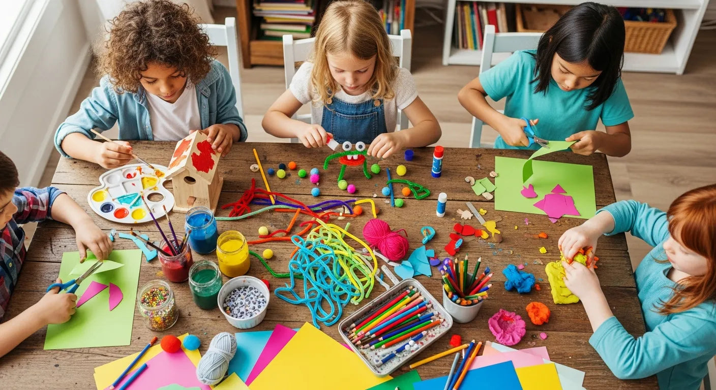 Kids making colorful arts and crafts